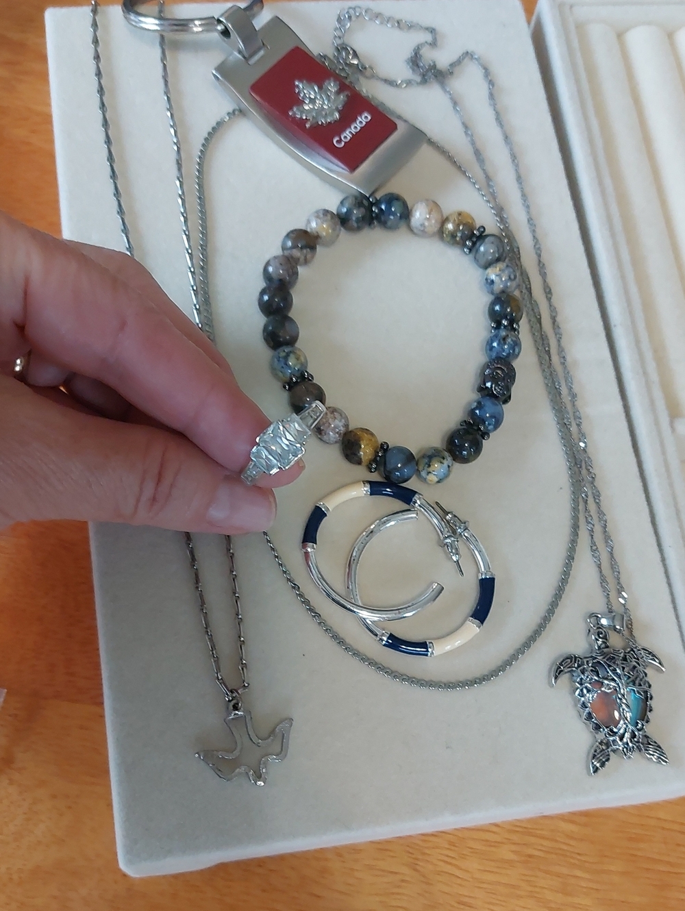 Silver Tone Jewelry Lot with CZ Ring, 3 Chains, Turtle, & Keychain - 7pc Bundle